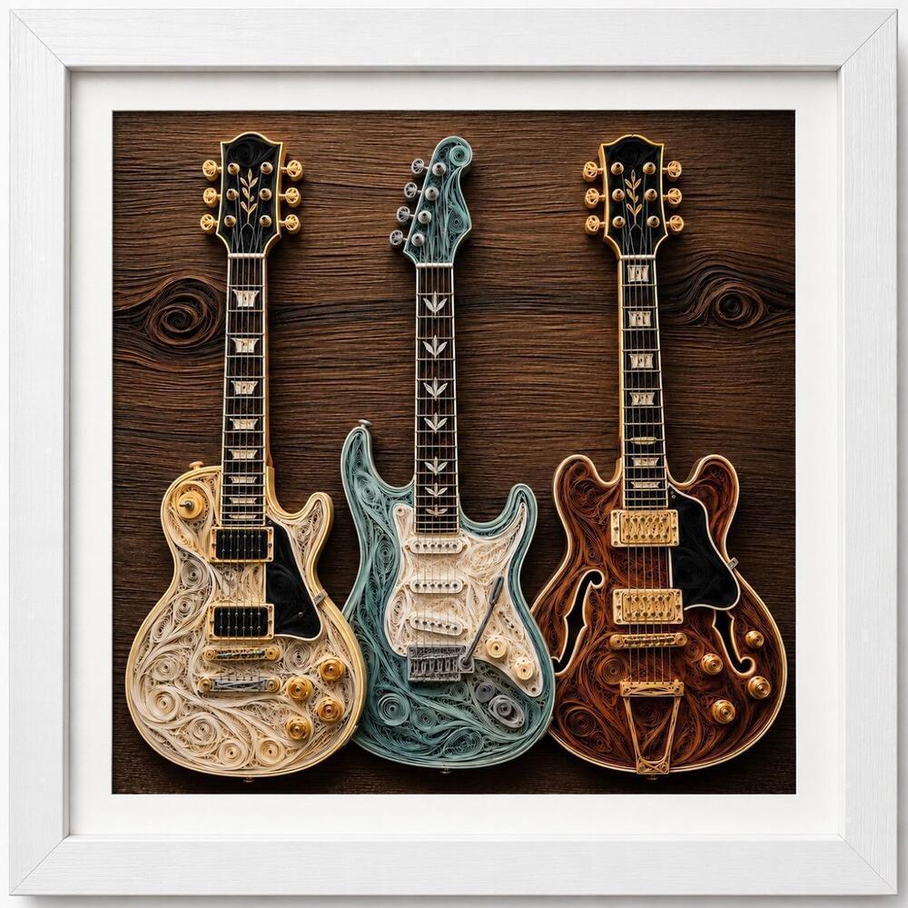 8x8 Framed Quilled Guitar Print | White Frame | Electric Guitar Wall Art | Music